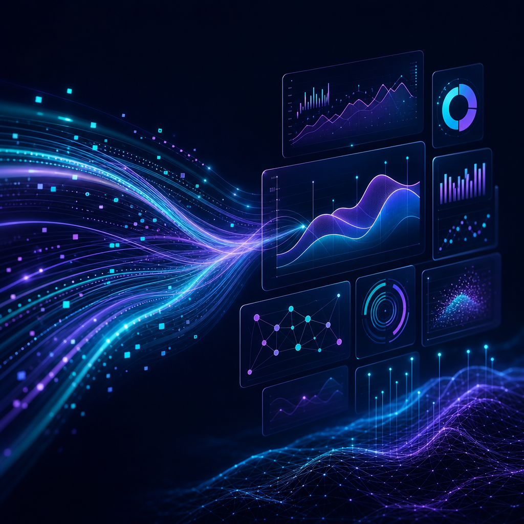 AI analytics streams transforming enterprise metrics into forecasts, anomalies, and decisions