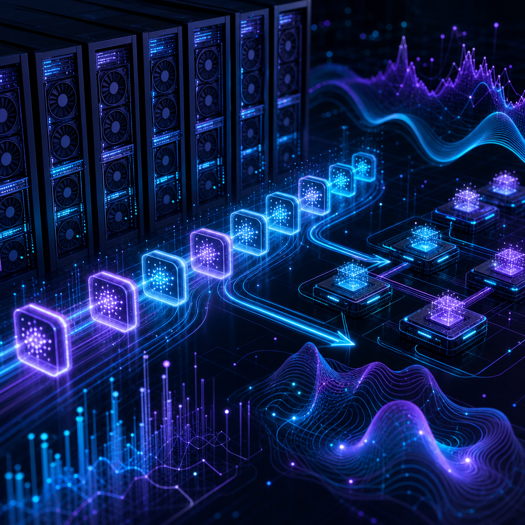 Compact AI models moving through optimized GPU serving paths with latency and cost signals