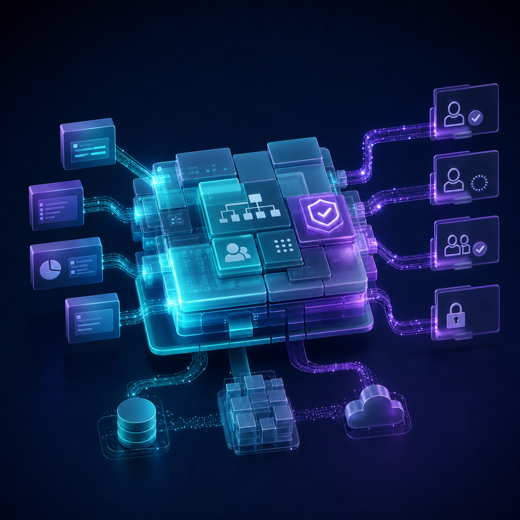 AI-assisted low-code building blocks assembling into a governed enterprise application workflow