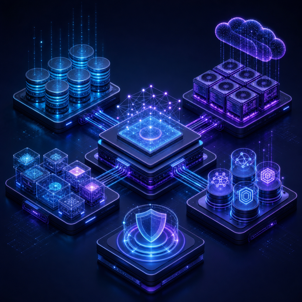 Connected AI platform architecture linking data, cloud services, models, and compute infrastructure